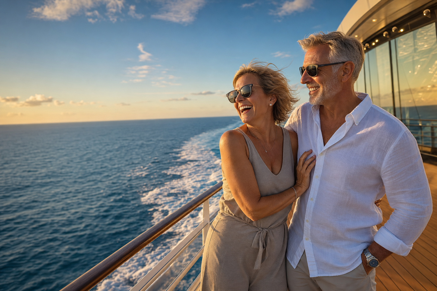 Middle-aged couple laughing together on a cruise ship deck at sunset