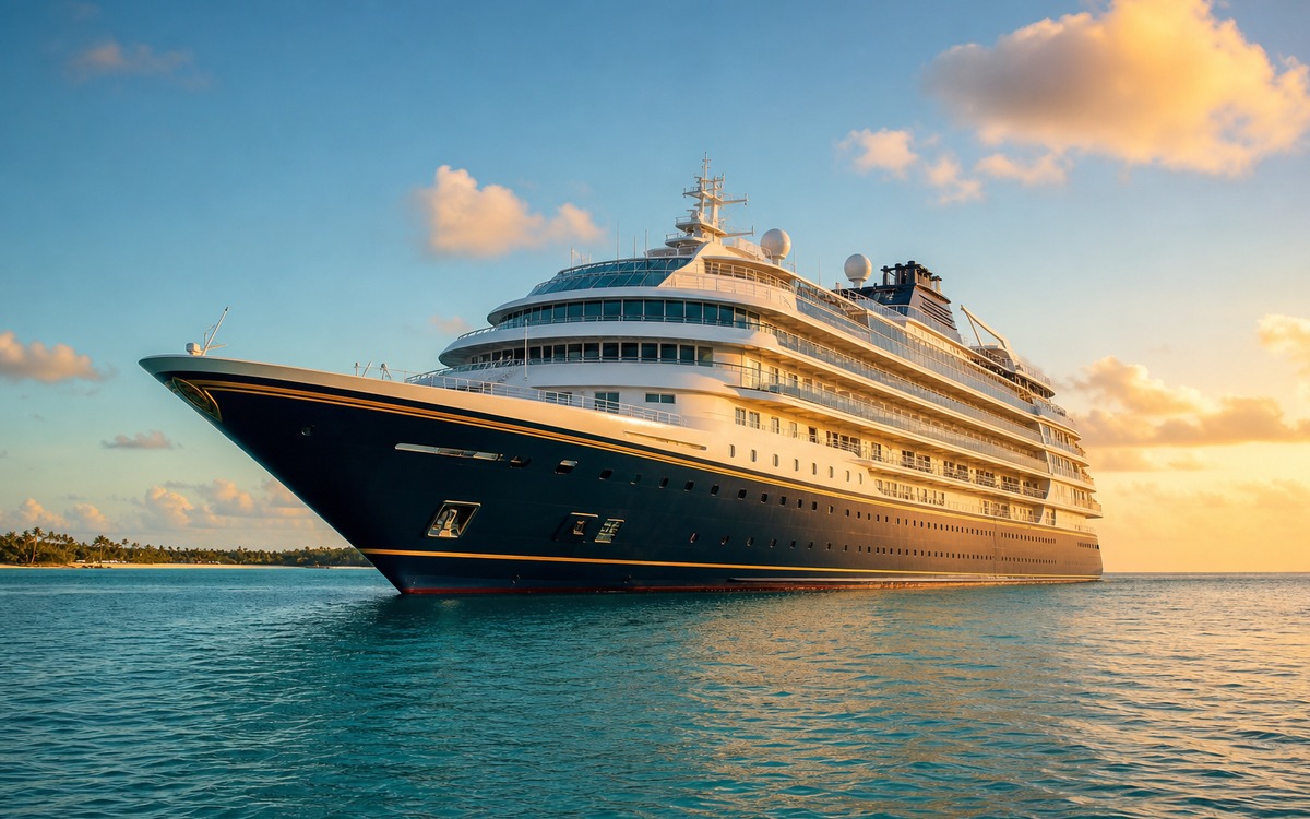 Luxury cruise ship on turquoise water at golden hour
